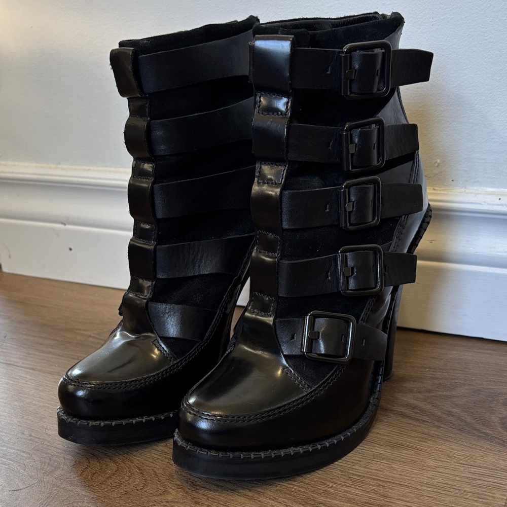 ALL SAINTS ‘Widow’ Black Leather Multi-Buckle Platform Heeled Boots 37 - Picture 6 of 12